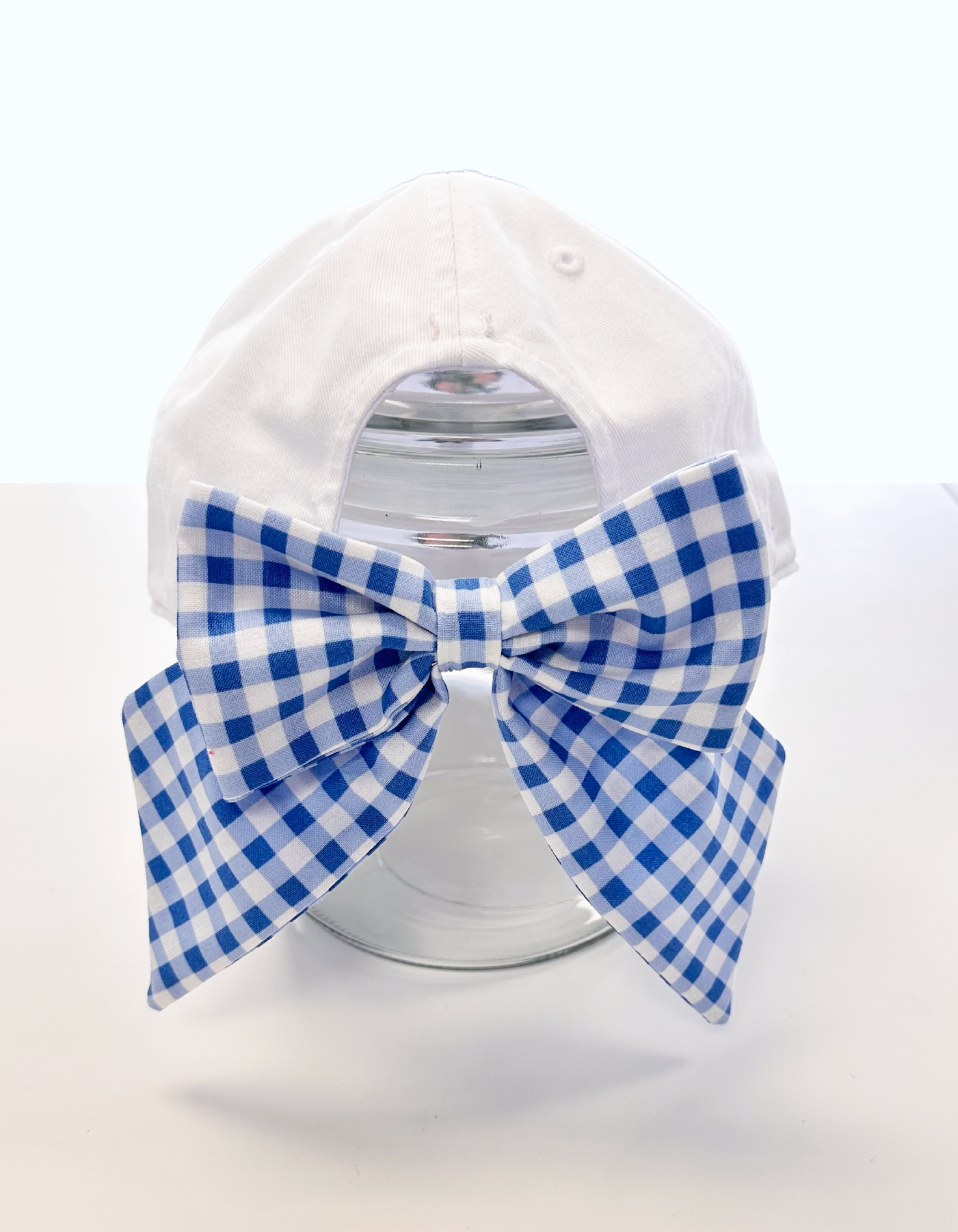 Orange Blossom Hat With Bow - White Hat & Blue Gingham Bow