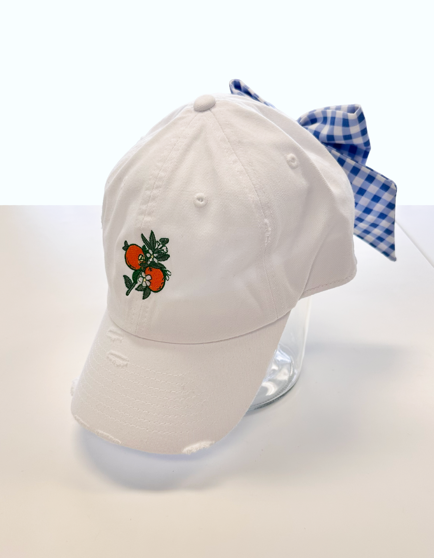 Orange Blossom Hat With Bow - White Hat & Blue Gingham Bow
