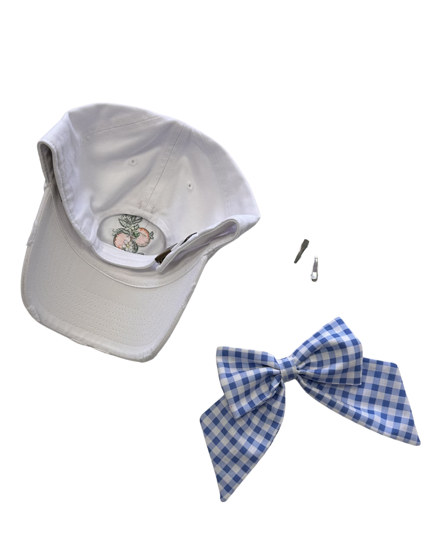 Orange Blossom Hat With Bow - White Hat & Blue Gingham Bow
