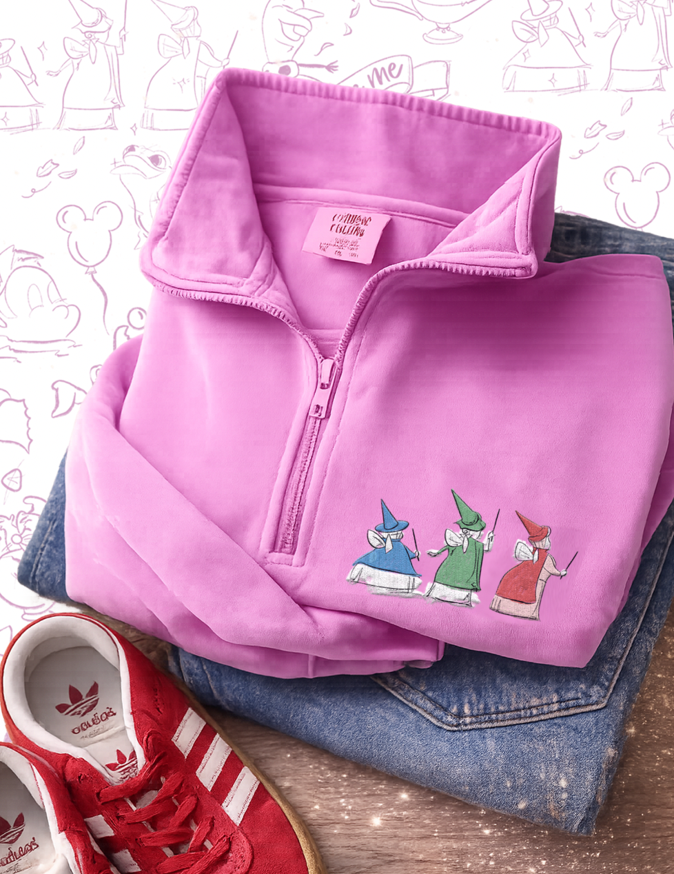 Fairies Trio Embroidered Rose Quarter Zip- PREORDER