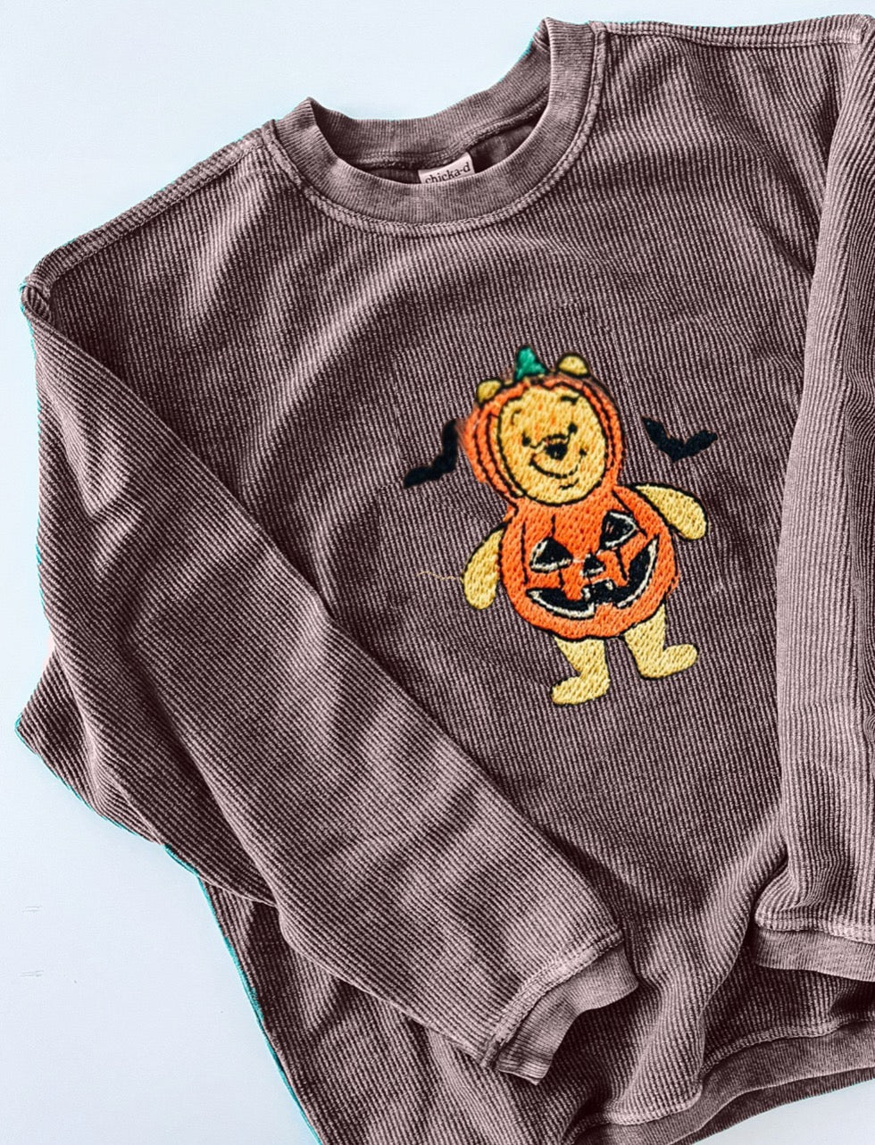 Pumpkin Bear Embroidered Corded Sweatshirt - S+M
