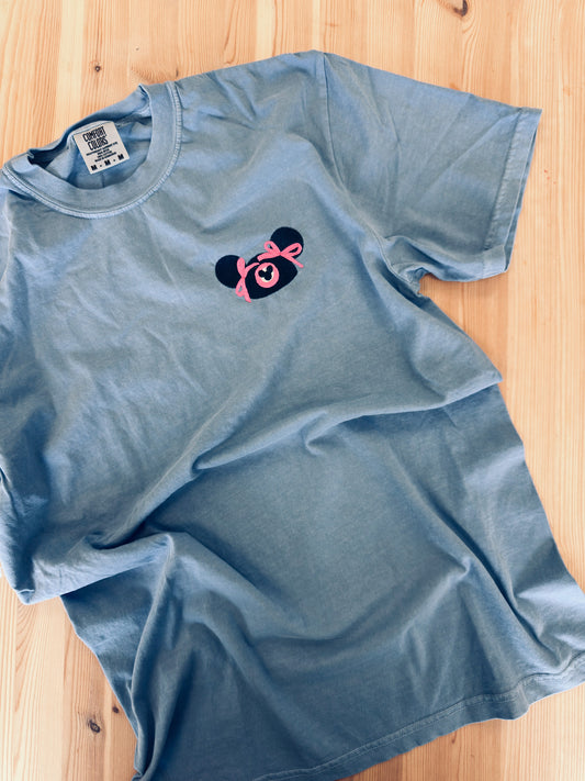 Pink Bow Mouse Ears Pocket Tee - Washed Denim