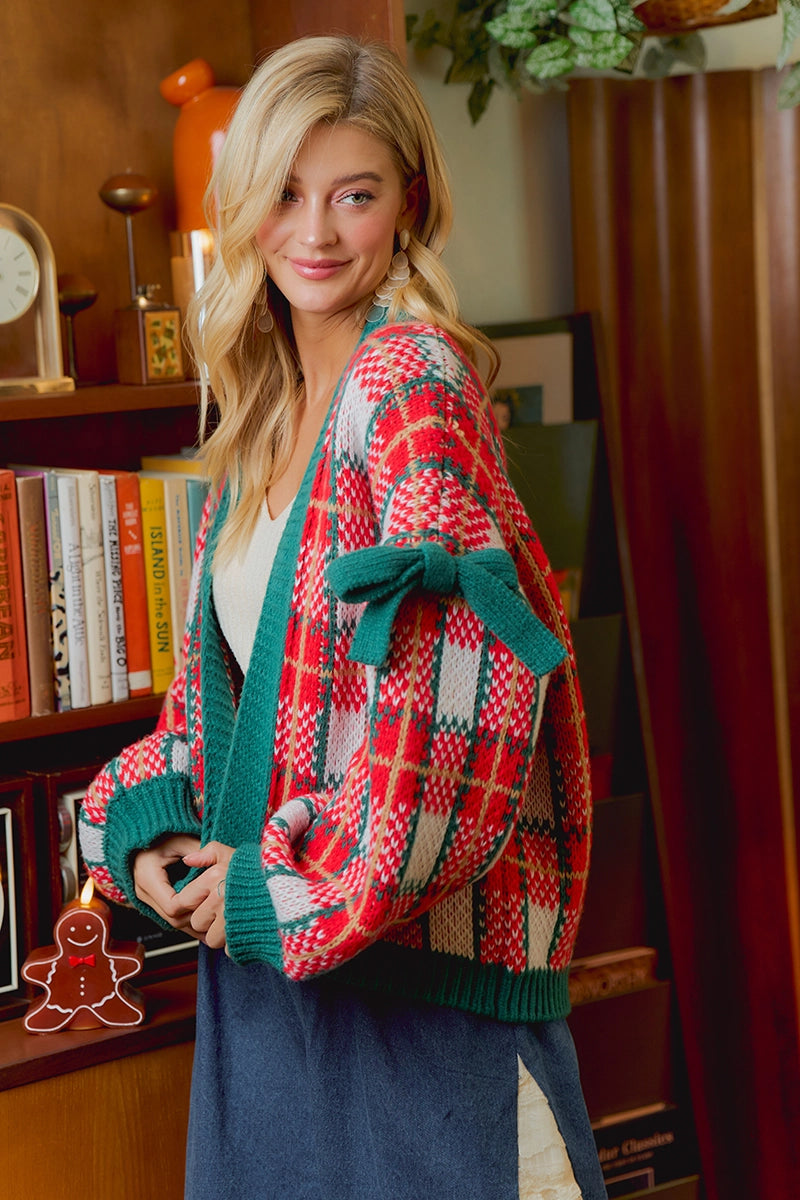 Christmas Holiday Knit Cardigan - Tartan Plaid with Bow Sleeves - PREORDER