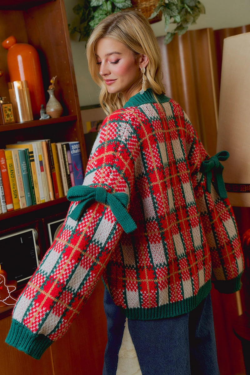 Christmas Holiday Knit Cardigan - Tartan Plaid with Bow Sleeves - PREORDER