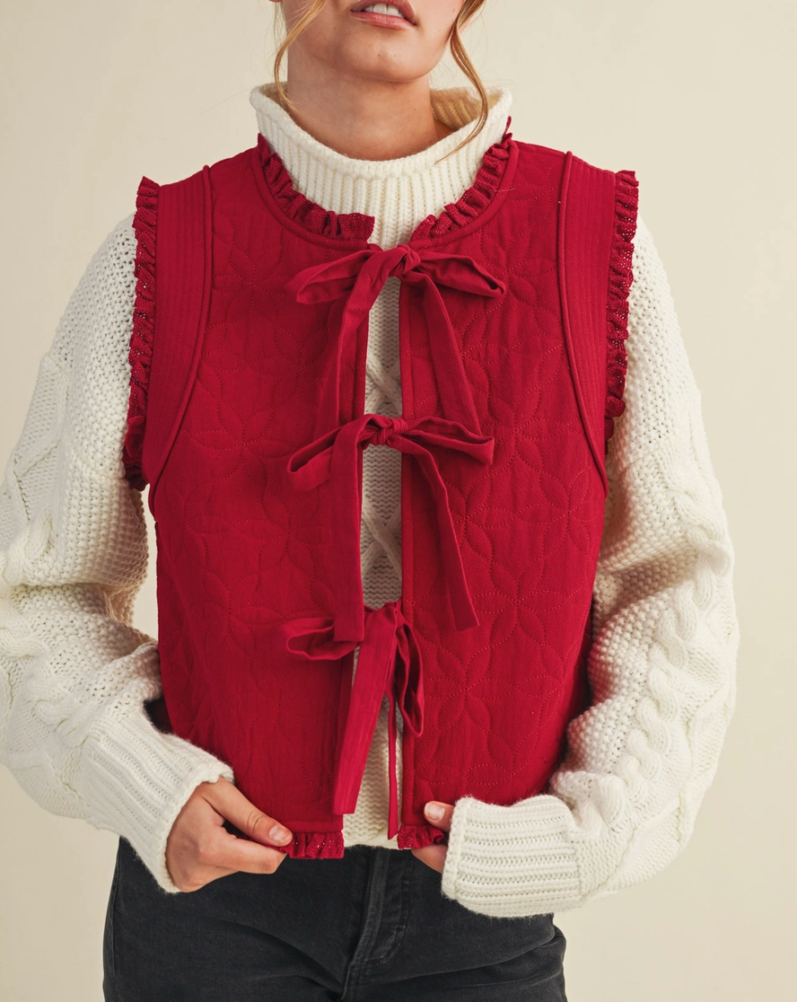 Red Floral Quilted Vest - S+M