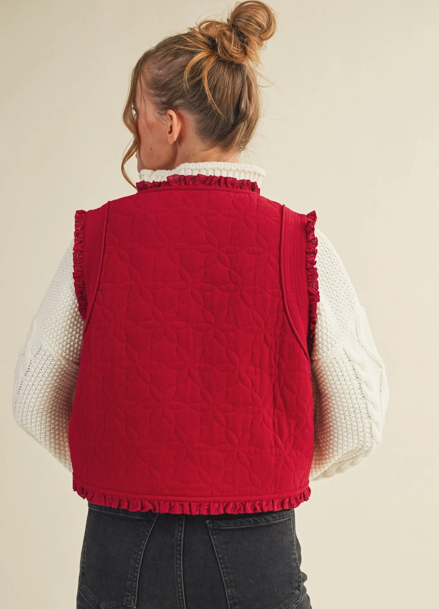 Red Floral Quilted Vest - S+M