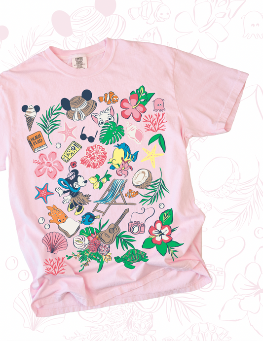 Beach Floral Tee - Light Pink- PREORDER