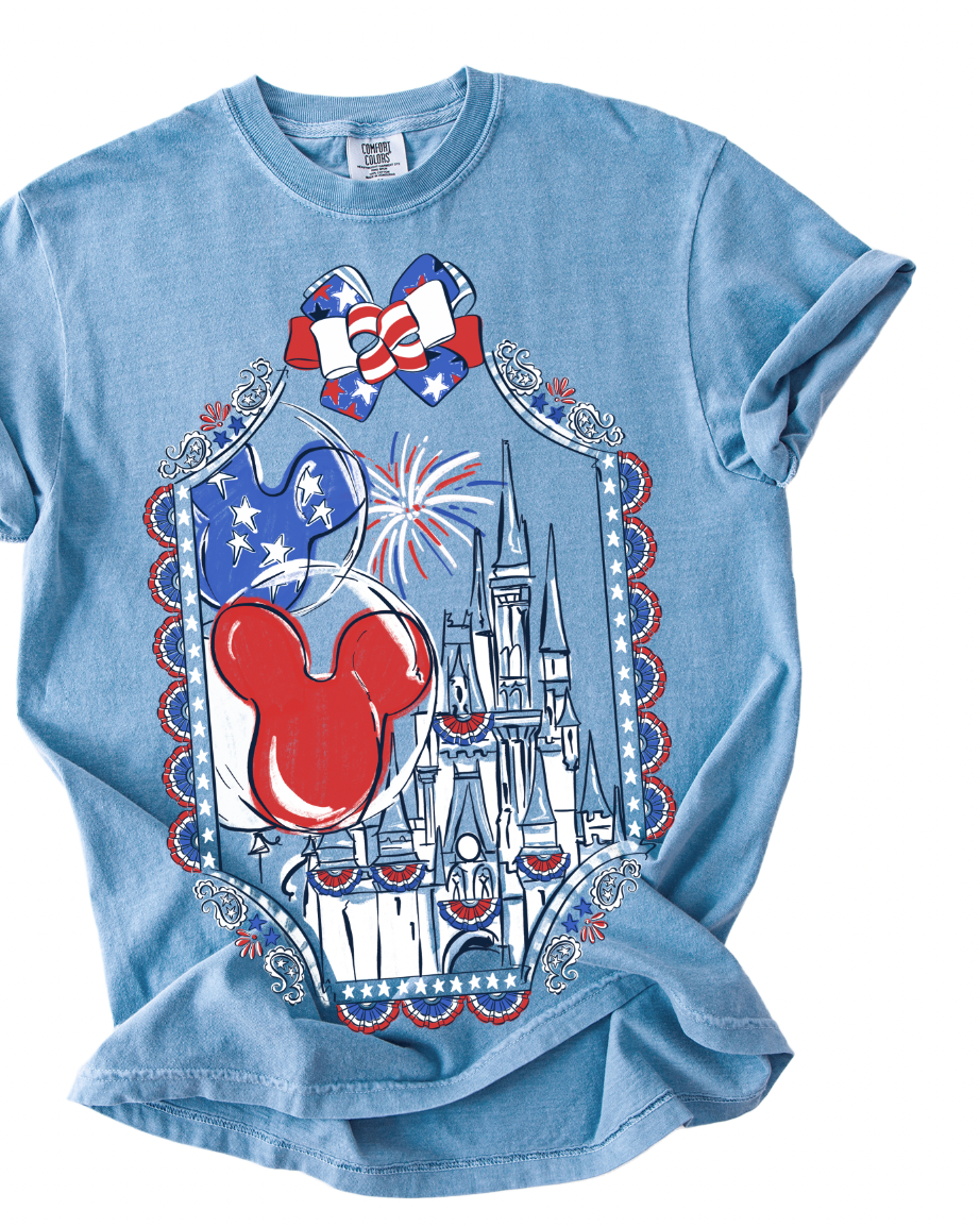 Americana Bows & Borders Tee - Washed Denim