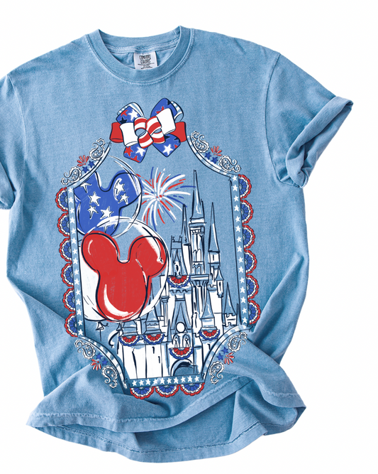 Americana Bows & Borders Tee - Washed Denim - PREORDER