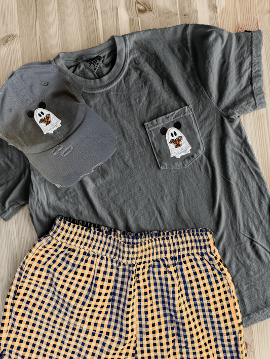 Ghost Pumpkin Embroidered Pocket Tee - Graphite
