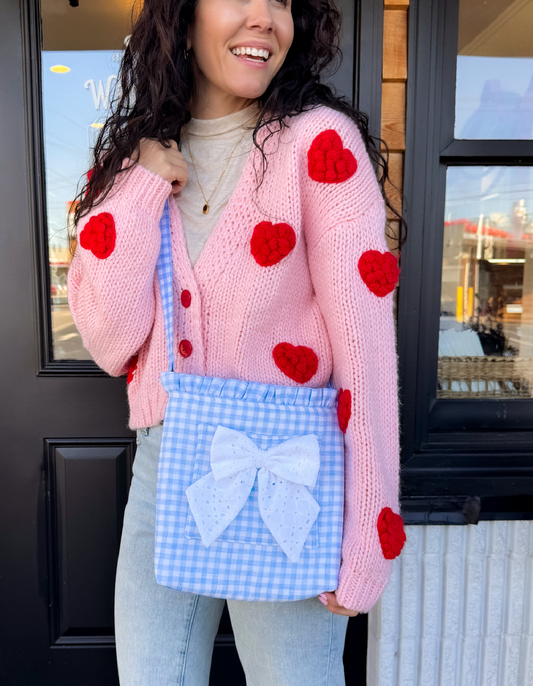 Stevie Ruffle Crossbody Tote: Light Blue Gingham