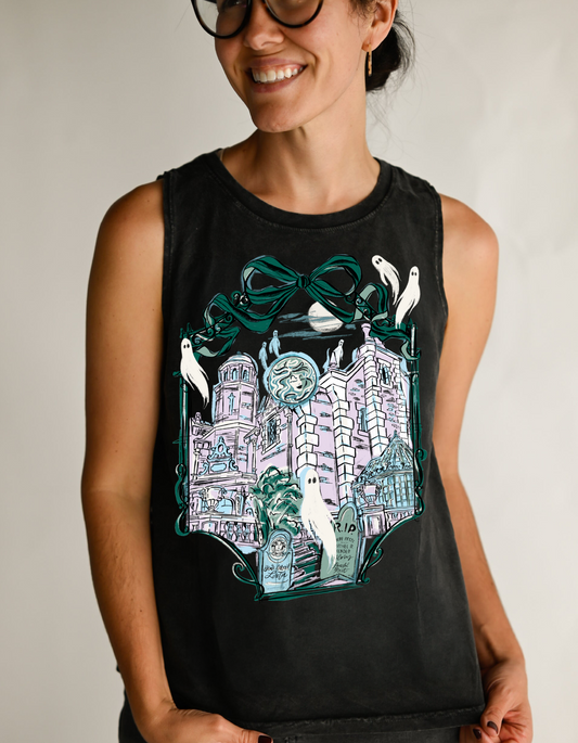 Haunted Bows & Borders Mineral Wash Tank - Black - PREORDER