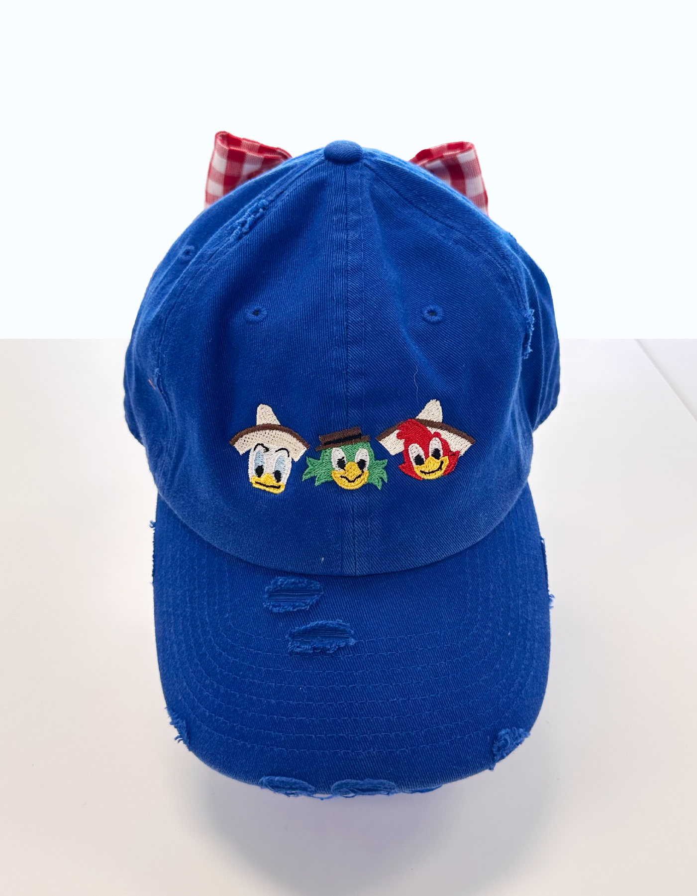 Three Caballeros Hat With Bow - Blue Hat & Red Gingham Bow
