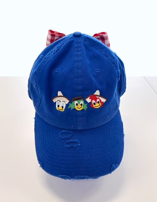 Three Caballeros Hat With Bow - Blue Hat & Red Gingham Bow