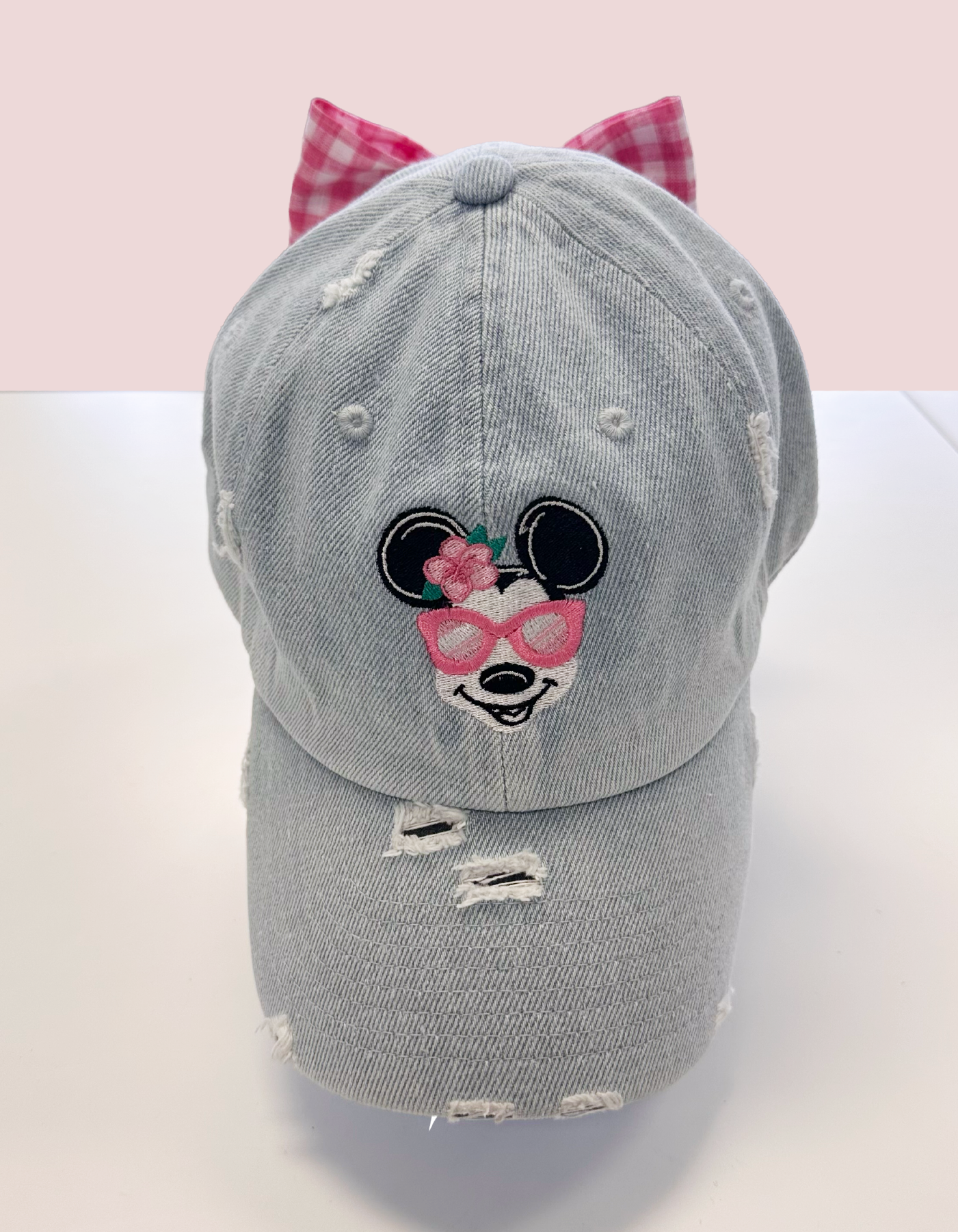 Summer Minnie Hat With Bow - Light Denim & Pink Gingham Bow