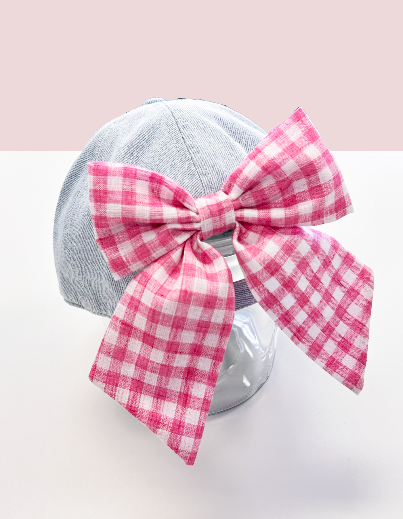 Summer Minnie Hat With Bow - Light Denim & Pink Gingham Bow