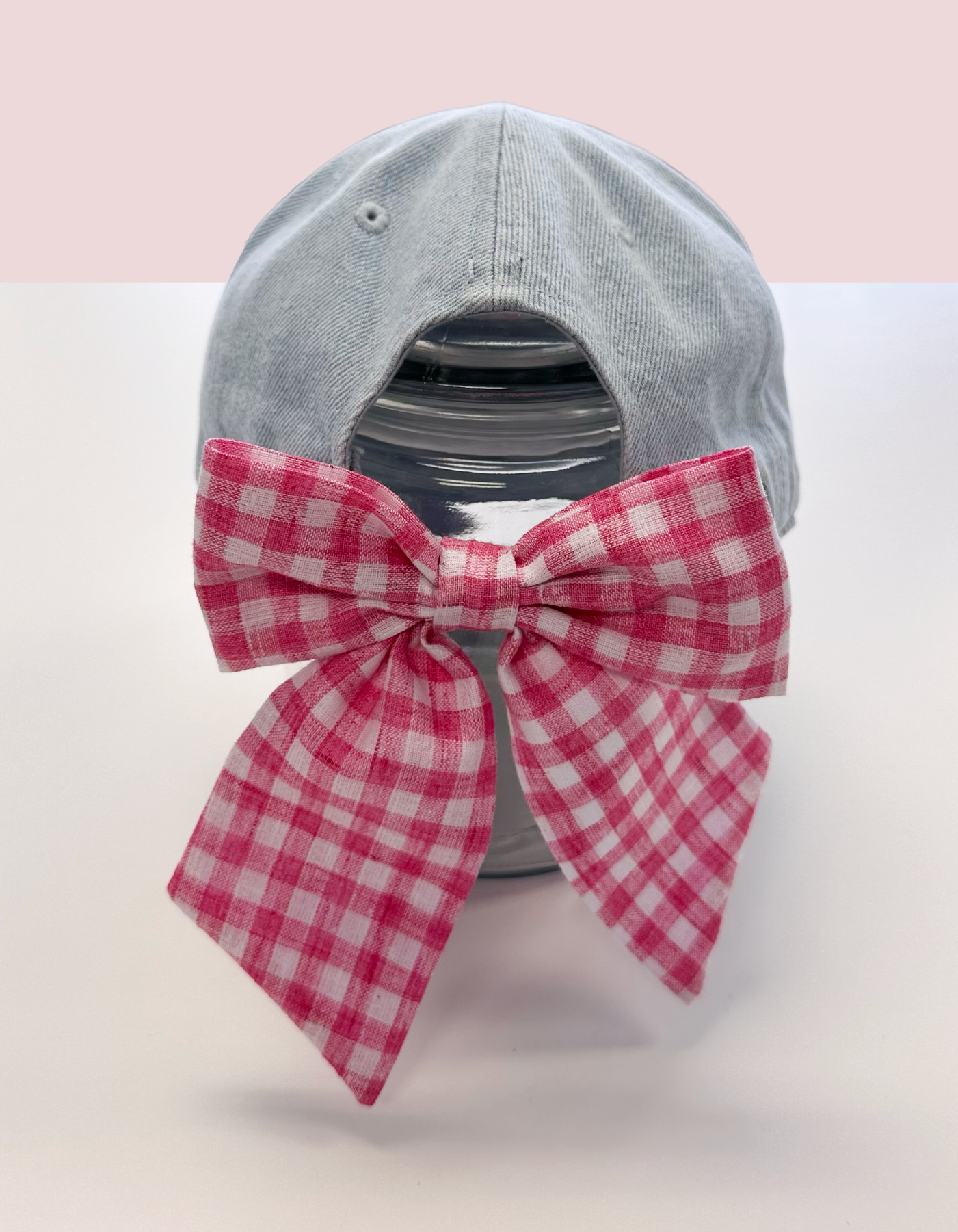 Summer Minnie Hat With Bow - Light Denim & Pink Gingham Bow