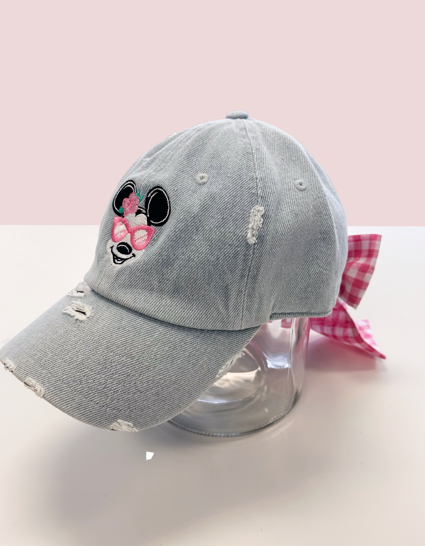 Summer Minnie Hat With Bow - Light Denim & Pink Gingham Bow