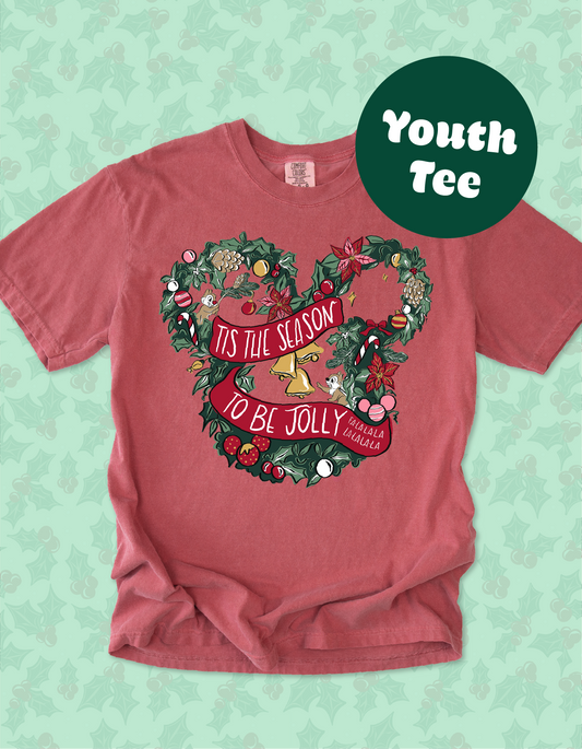 YOUTH Holly Jolly Wreath Tee - Crimson - PREORDER