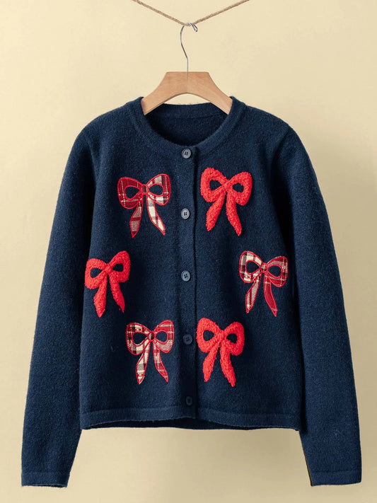 Festive Bow Applique Holiday Cardigan- PREORDER